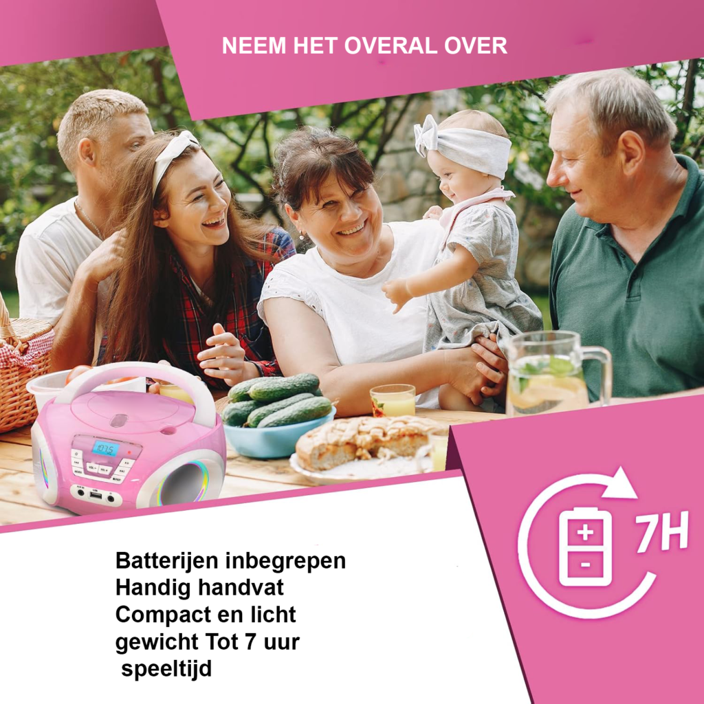 Draagbare roze CD-speler voor kinderen met FM-radio, luidsprekers en batterijen, boombox voor peuters.