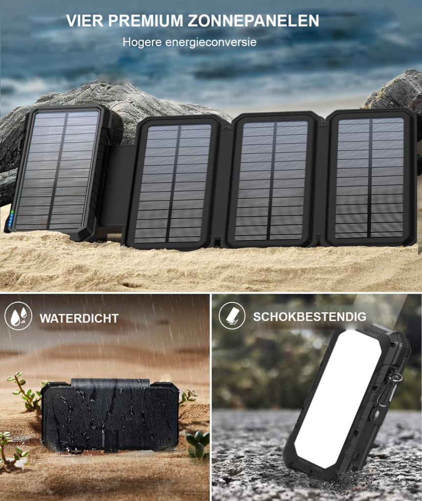 Solar power bank 20000mAh - Zonne-oplader powerbank outdoor - Waterdicht snelladen accu - 4 zonnepanelen 4 USB QC3.0 USB-C