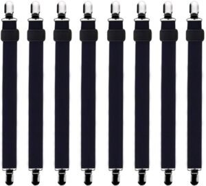 Verstelbare laken spanners 60-200 cm met metalen clips voor hoeslakens en matrassen, set van 8 zwart