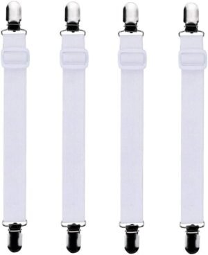 4x verstelbare laken spanners met metalen clips voor hoeslakens en matrassen, anti-slip hoekspanners in wit 60-200 cm