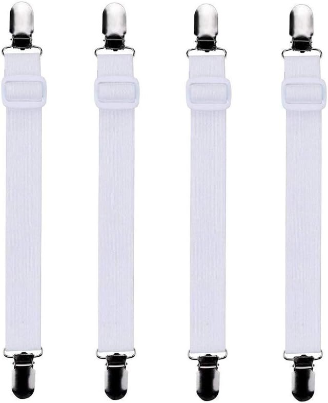 4x verstelbare laken spanners met metalen clips voor hoeslakens en matrassen, anti-slip hoekspanners in wit 60-200 cm
