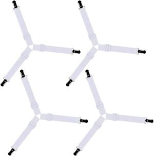 4x laken spanners met metalen clips voor hoeslakens en matrassen, verstelbare elastische hoekspanners in wit 15 tot 55 cm