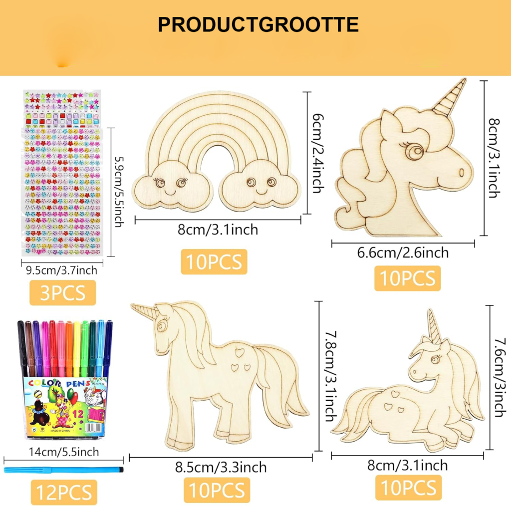 Houten eenhoorn knutselset voor kinderen met verf en creatieve DIY decoratie, 55 stuks