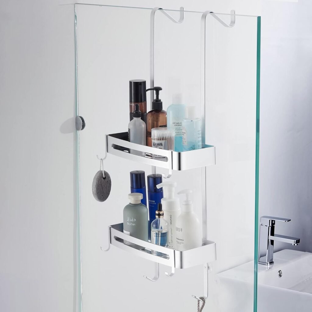Douche rek over de deur van aluminium met haak, hangende badkamer organizer in zilver voor doucheopslag