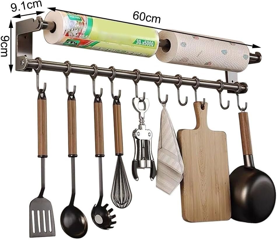 Keukenrolhouder van roestvrij staal met ophangrek en 10 schuifbare haken voor wandmontage in de keuken