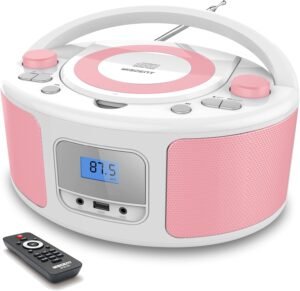 Draagbare CD-speler met Bluetooth – Boombox met FM-radio en USB MP3-afspelen – Afstandsbediening – Compatibel met CD-R/CD-RW – Roze/Wit