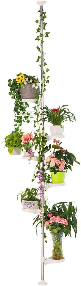 Telescopisch plantenrek 7 niveaus in ivoorkleur voor planten en bloempotten, verstelbare stalen bloemenhouder 230-290 cm