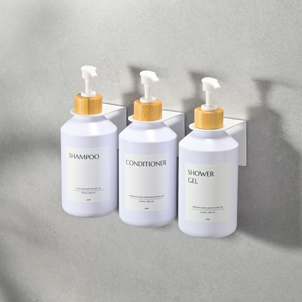 Witte zeepdispenser set van 3 met bamboe houder voor wandmontage zonder boren, 500 ml voor keuken en badkamer