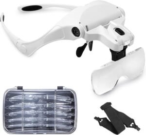 Hoofdband Loepbril met LED Licht – Handsfree Vergrootbril voor Sieraden en Hobby – 5 Verwisselbare Lenzen – Vergroting 1.0x tot 3.5x