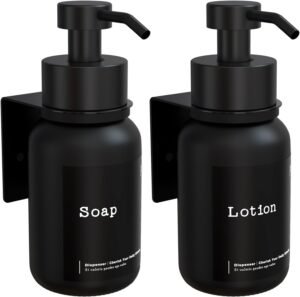 Wandmontage Zeepdispenser Set 2 Stuks – Zwarte Glazen Dispensers 250 ml voor Zeep, Shampoo en Douchegel – Lijmen of Boren – Badkamer Accessoire