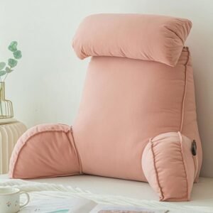 Rugsteunkussen met Armleuningen – Ergonomisch Leeskussen voor Bed en Bank – TV Kussen met Verwijderbare Nekrol – 68 x 40 cm Roze