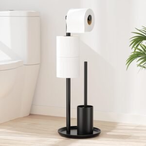 Staande Toiletrolhouder met Toiletborstel – Vrijstaande Toiletset voor Badkamer – Zwart Mat RVS – Ruimtebesparend Modern Design zonder Boren