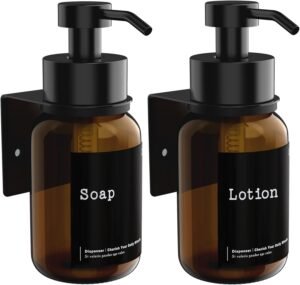 Zeepdispenser set van 2 250 ml – Wandmontage glazen zeepdispensers voor handzeep, shampoo en douchegel – Boren of lijmen – Minimalistisch badkamer accessoire
