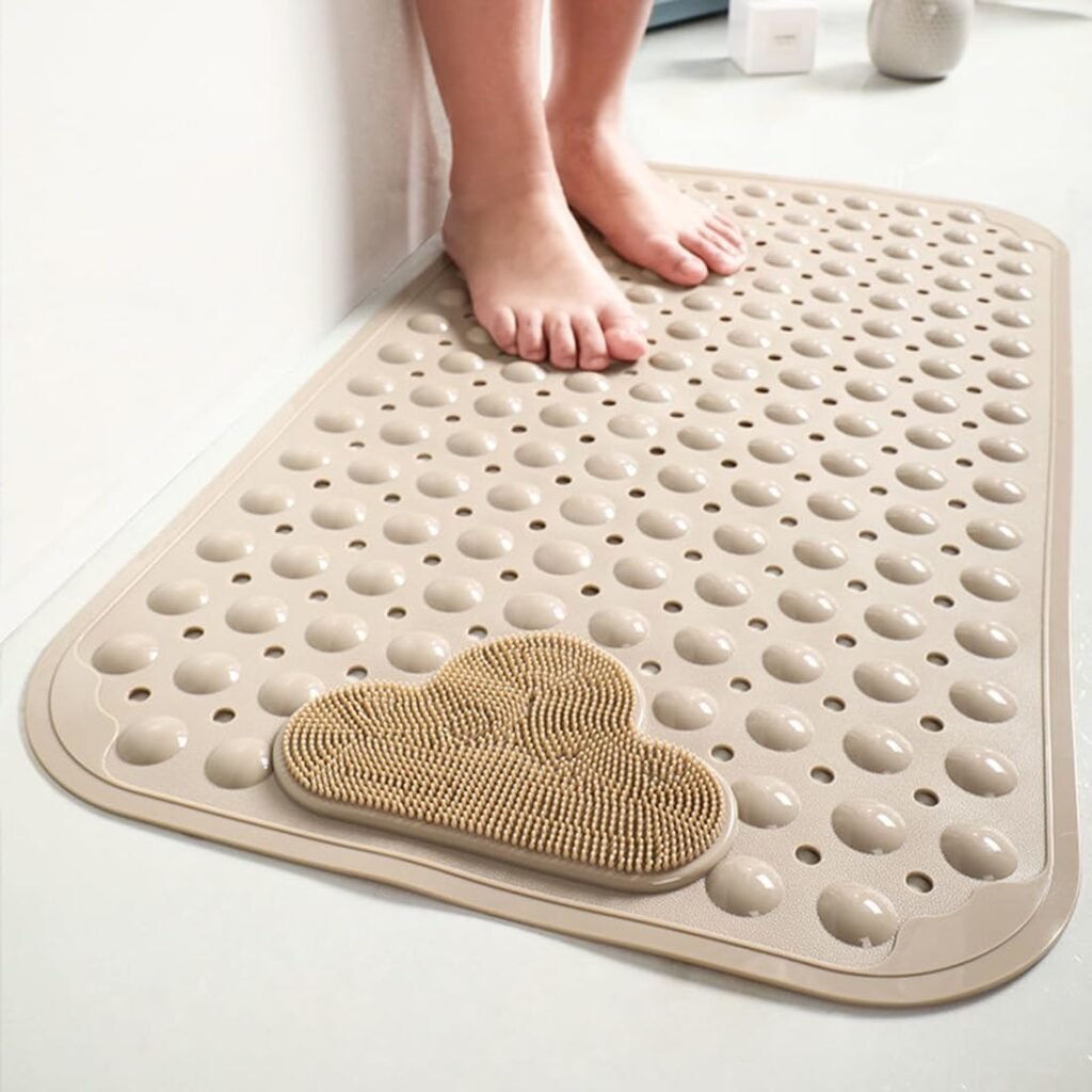 Antislip douchemat met zuignappen massage badmat machinewasbaar khaki 70x40 cm voor badkamer en spa slipvrij gebruik