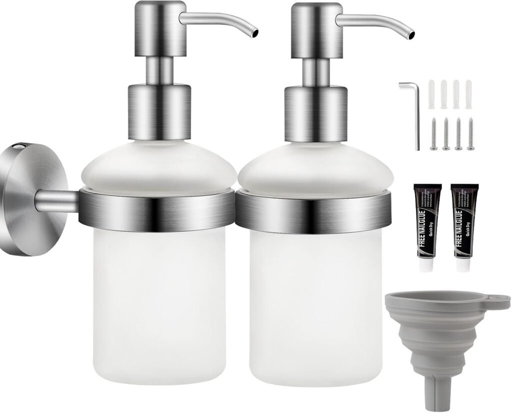 Set van 2 wandmontage zeepdispensers van RVS met satijnglas, 200 ml, voor handzeep shampoo en douchegel in de badkamer
