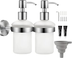 Zeepdispenser Set van 2 Wandmontage – Navulbare Zeepfles voor Handzeep, Shampoo en Douchegel – RVS Chroom met Satijnglas – 200 ml Zonder Boren of Met Boren