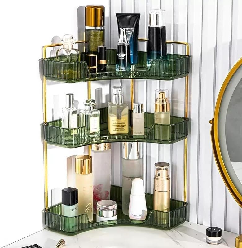 Hoek badkamer organizer met 3 niveaus voor make-up, cosmetica en toiletartikelen