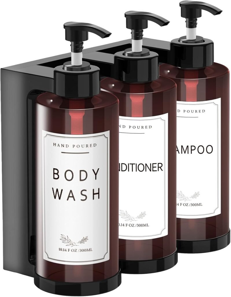 3-pack wandmontage zeepdispensers van 300ml met labels voor shampoo, douchegel, lotion en conditioner in badkamer of keuken