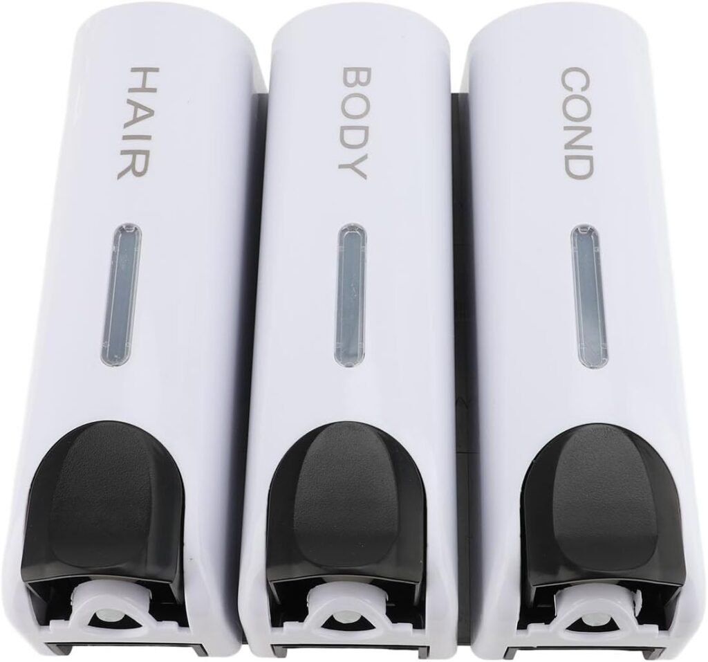 Wandgemonteerde zeepdispenser met 3 compartimenten van 3x350 ml, handmatige shampoo en conditioner dispenser van wit ABS kunststof voor badkamer en douchegebruik