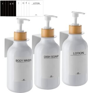 Witte zeepdispenser set van 3 met wandmontage zonder boren voor badkamer en keuken, 500 ml inhoud