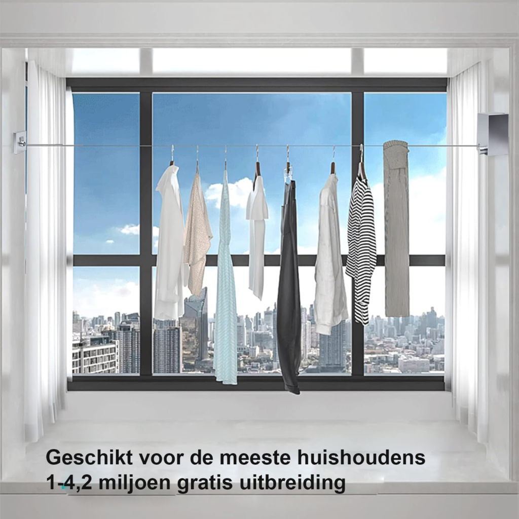 Uittrekbare wandwaslijn 4,2 meter 2 stuks telescopische waslijn voor balkon en binnen gebruik zilverkleurige zware waslijn voor wasgoed ophangen