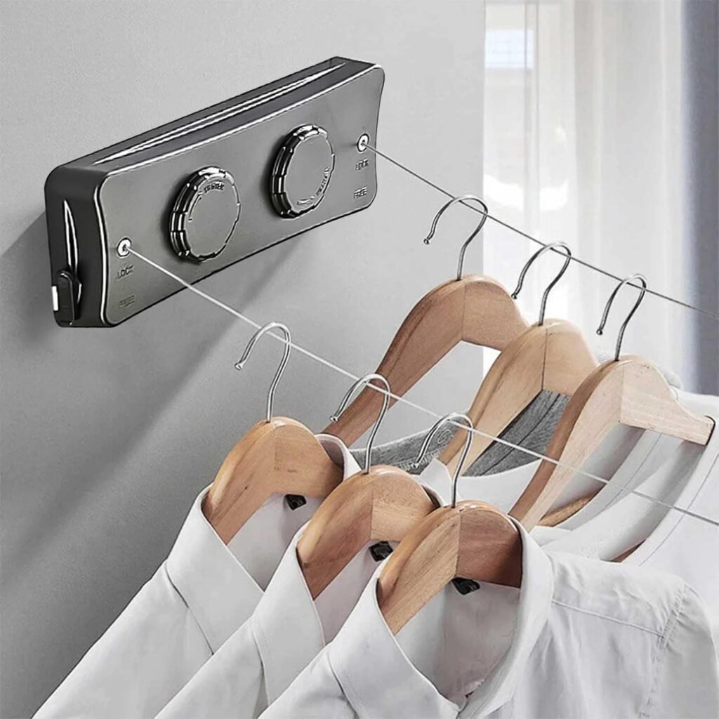 uittrekbare dubbele waslijn RVS 2x5,1m inklapbaar ruimtebesparend binnen buiten wit verstelbare clothesline