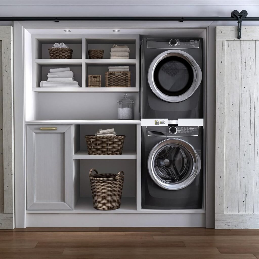 Universeel wasmachine droger tussenframe met ratchet touw voor stapelen in wit 46-66 cm