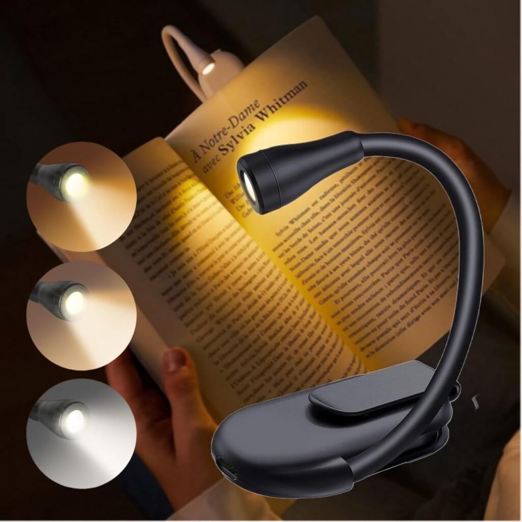 Zwarte LED leeslamp met clip, oplaadbare boeklamp met flexibele zwanenhals en dimbare verlichting voor lezen in bed of op bureau