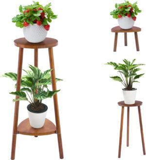 Verstelbaar houten plantenrek met 2 lagen voor planten en bloemen binnen en buiten
