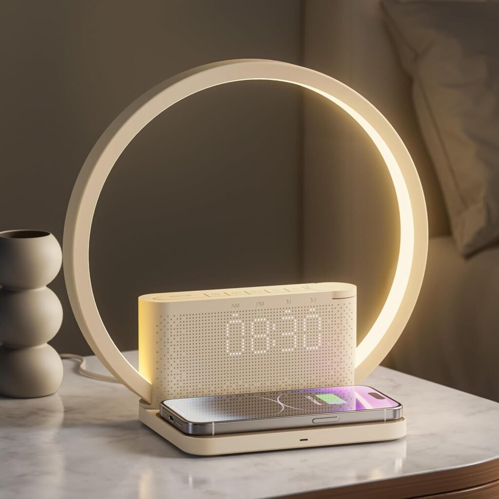 Dimbare nachtlamp met wekker en draadloze oplader voor slaapkamer met touchbediening en kalmerende geluiden