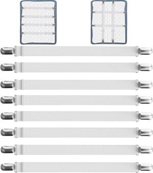 Verstelbare laken spanners met metalen clips voor hoeslakens, 8 stuks wit, antislip bevestiging voor matras en bank