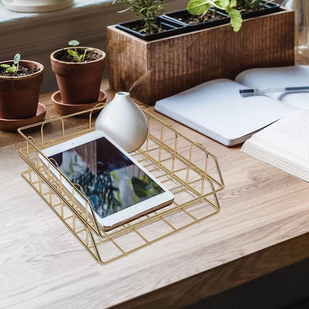Metalen papierhouder set van 2 goudkleurig voor bureau met stapelbare documenthouders en letterbak organizer