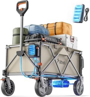 Elektrische opvouwbare bolderkar met 200L inhoud, offroad wielen en 60 kg draagvermogen in grijs