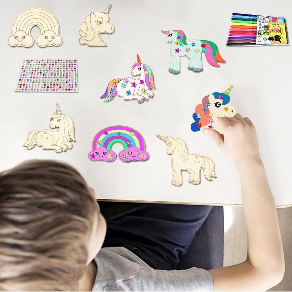 Houten eenhoorn knutselset voor kinderen met verf en creatieve DIY decoratie, 55 stuks