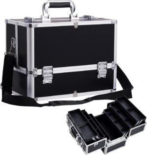 Zwarte make-up organizer met cosmetica opbergdoos en sieradenopbergruimte voor schoonheidsaccessoires