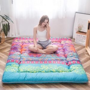 Futon Matras 135×190 cm – Oprolbare Vloermat voor Logeerbed en Camping – Japanse Tatami Stijl met Bloemmotief – Draagbaar Slaapmatras