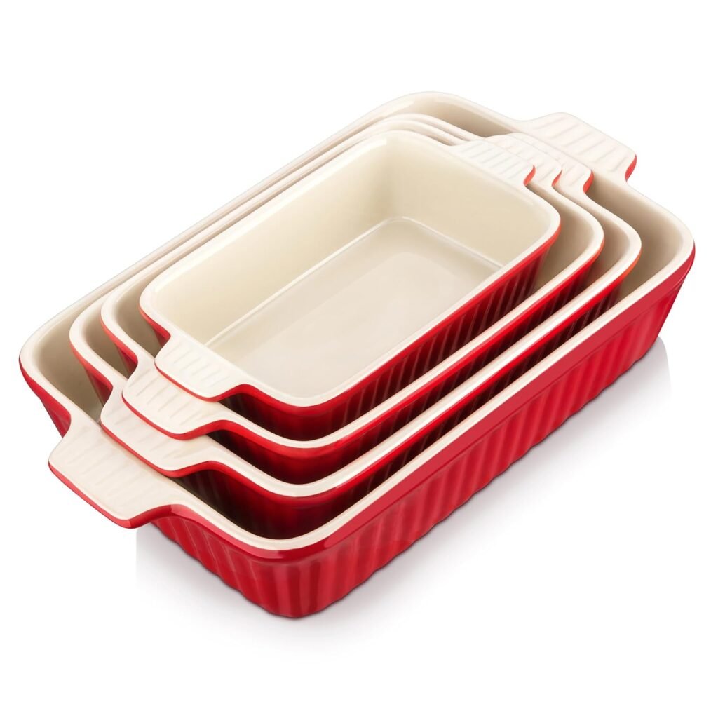 Keramische rode ovenschaal set van 4 stuks met handgrepen voor lasagne en ovenschotels, verschillende maten