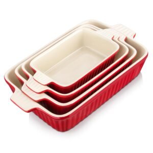 Ovenschaal Set van 4 Stuks Keramisch – Ovale Bakvormen met Handgrepen voor Lasagne en Ovenschotels – Hittebestendig Rood – 24,1 t/m 36,8 cm