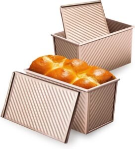 Broodbakvorm met Deksel Goudkleurig Carbonstaal – Pullman Broodblik voor Oven en Cake – Antiaanbak Bakvorm met Geribbeld Ontwerp – 2 Stuks 21×12,5×11 cm