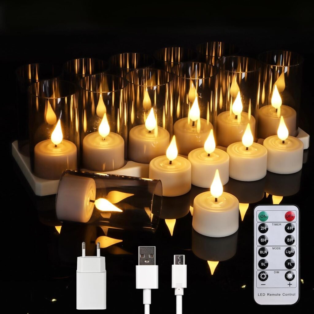 12 oplaadbare LED theelichten met afstandsbediening, timer en decoratieve cups voor sfeerverlichting