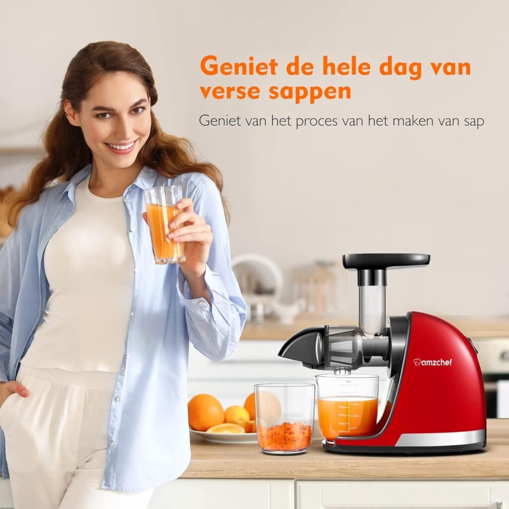 Slow juicer rood voor koud persen van fruit en groenten met 2 bekers en borstel