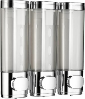 Zilveren wandmontage 3-kamer dispenser voor zeep, shampoo en conditioner met 3x300ml inhoud