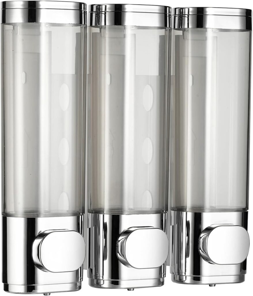 Zilveren wandmontage 3-kamer dispenser voor zeep, shampoo en conditioner met 3x300ml inhoud