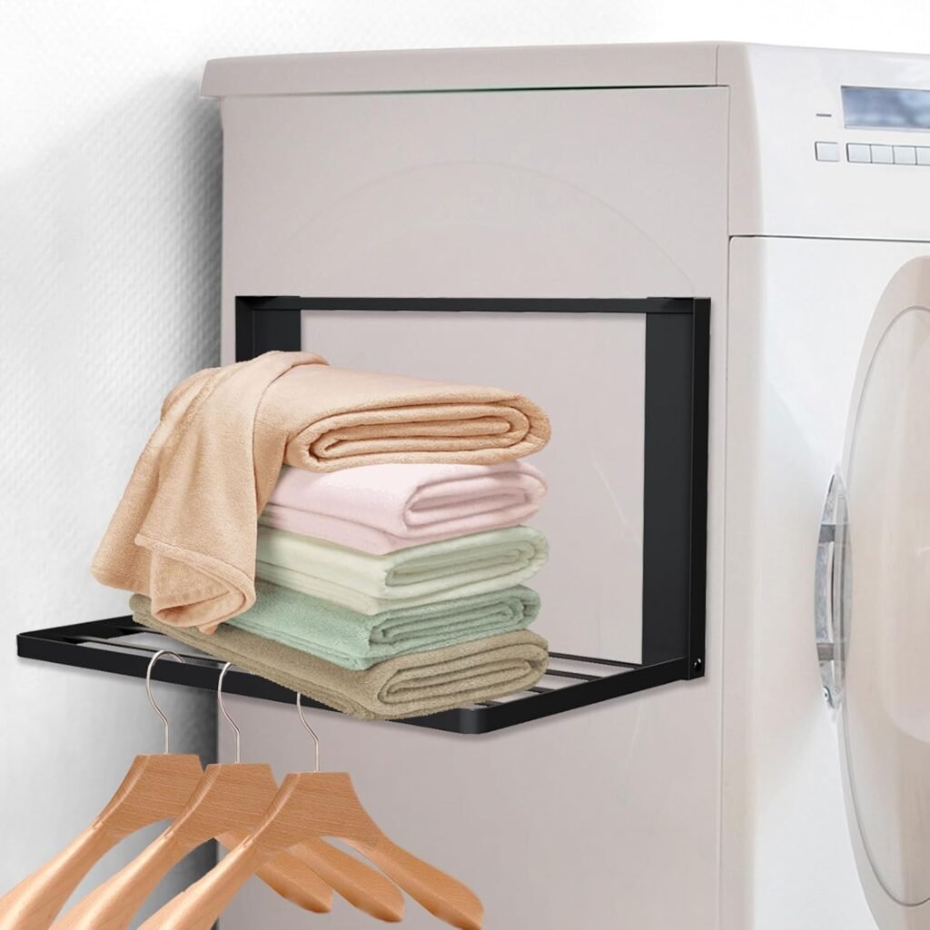 Magnetisch wasmachine rek met metalen opbergplank en opvouwbaar droogrek in zwart