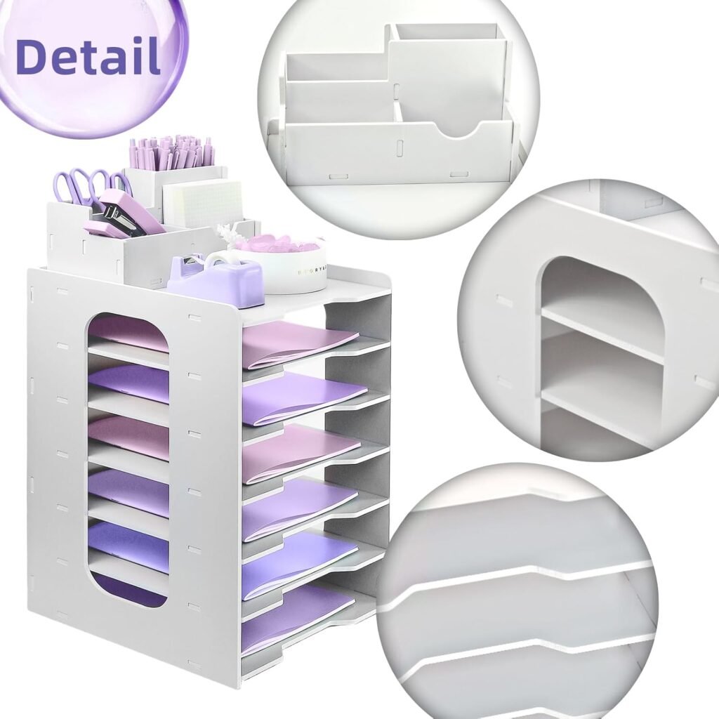 7 laags tray organizer voor A4 papier met stapelbare lades en penhouder in wit voor kantoor