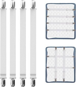 Verstelbare laken spanners set 55-250 cm – elastische hoeslakenhouders met metalen clips 4 stuks wit voor bed, bank en matras