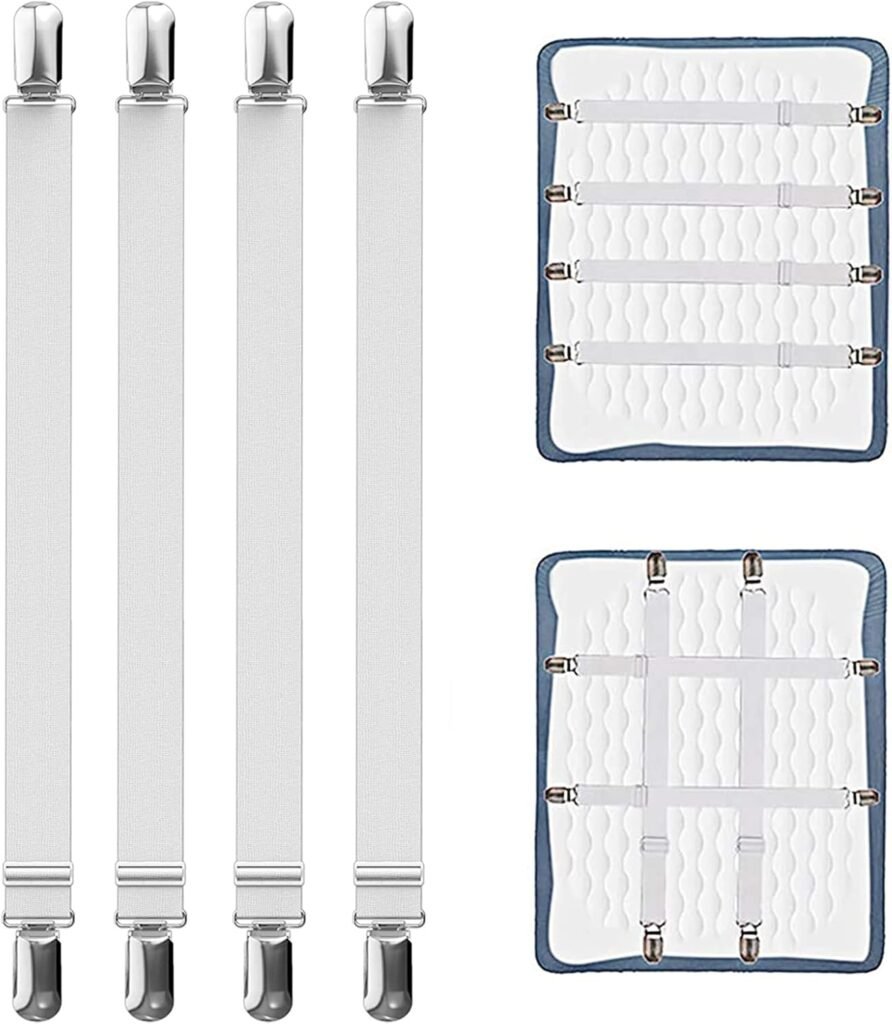 Verstelbare laken spanners set 55-250 cm – elastische hoeslakenhouders met metalen clips 4 stuks wit voor bed, bank en matras