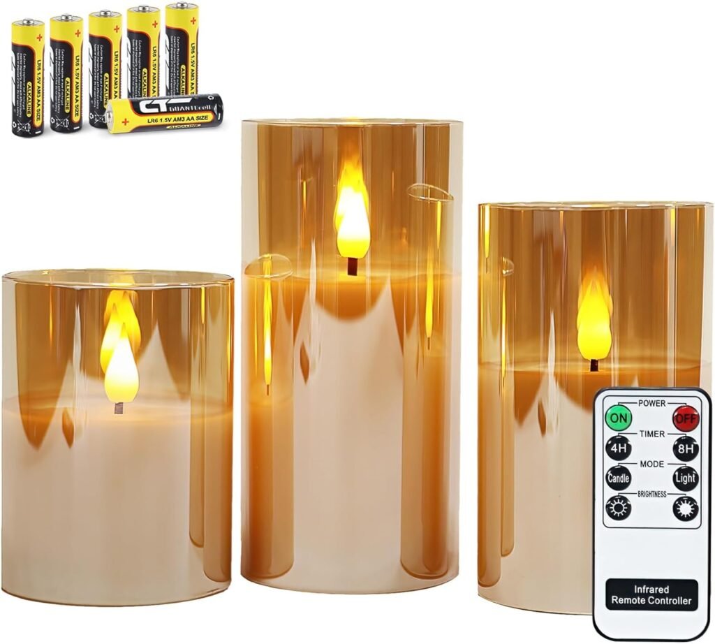 Gouden flameless kaarsen in glas set van 3 met afstandsbediening en timer, warm wit LED licht, decoratieve LED kaarsen voor woonkamer, slaapkamer en feestdagen met batterijen inbegrepen