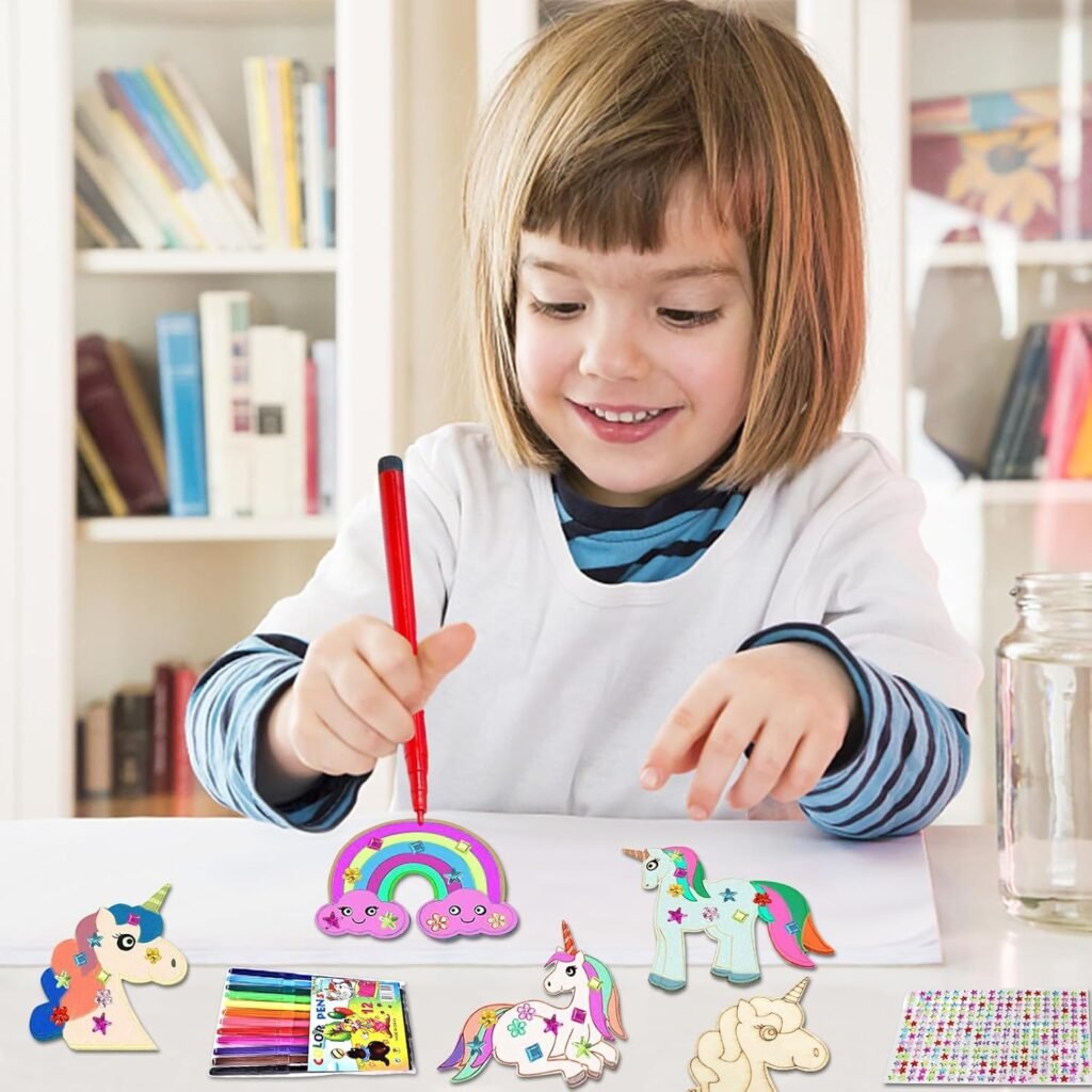 Houten eenhoorn knutselset voor kinderen met verf en creatieve DIY decoratie, 55 stuks