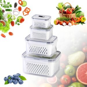 Voedselopslagcontainers set 4 stuks met deksel – Luchtdichte koelkast organizer – Lekvrije bewaardozen voor fruit en groenten – Met schotelrooster